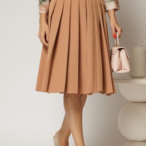 Fusta DY Fashion midi maro camel cu pliuri si nasturi decorativi