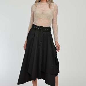 Fusta eleganta, neagra, in colturi, cu falduri din bumbac satinat