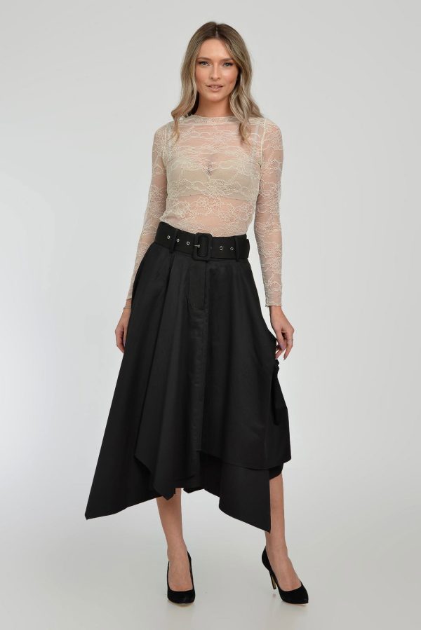 Fusta eleganta, neagra, in colturi, cu falduri din bumbac satinat