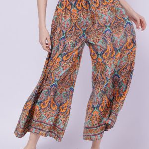 Fusta pantalon ampla din matase indiana cu portocaliu. bleumarin si verde