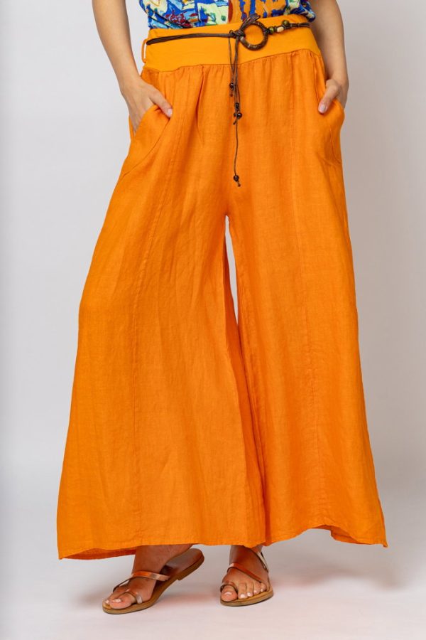 Fusta pantalon portocalie  casual, din in, cu o curea fancy