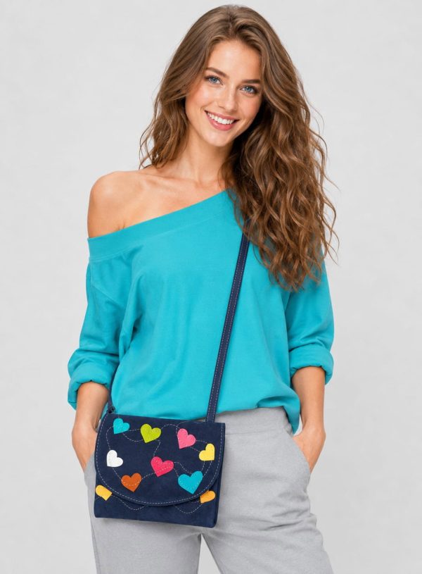 Geanta bleumarin handmade, cu buline colorate  ,din piele naturala intoarsa