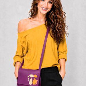 Geanta crossbody handmade, cu pisicute colorate  ,din piele naturala mov