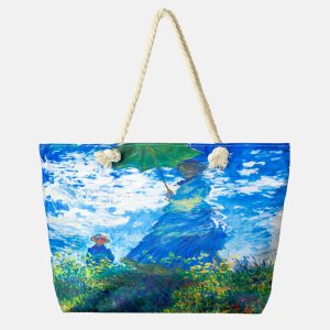 Geanta de plaja din material textil, cu model inspirat dupa Claude Monet    Femeia cu umberala de so