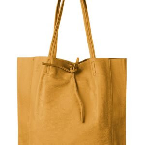 Geanta shopper mustar din piele naturala, cu fermoar