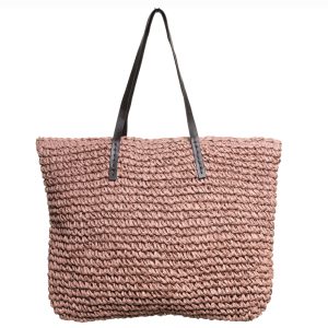Geanta shopper impletita cu ochiuri mari si manere din piele ecologica, roz prafuit