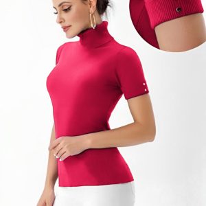 Helanca pulover cu maneca scurta, nasturei metalici si guler inalt, fucsia
