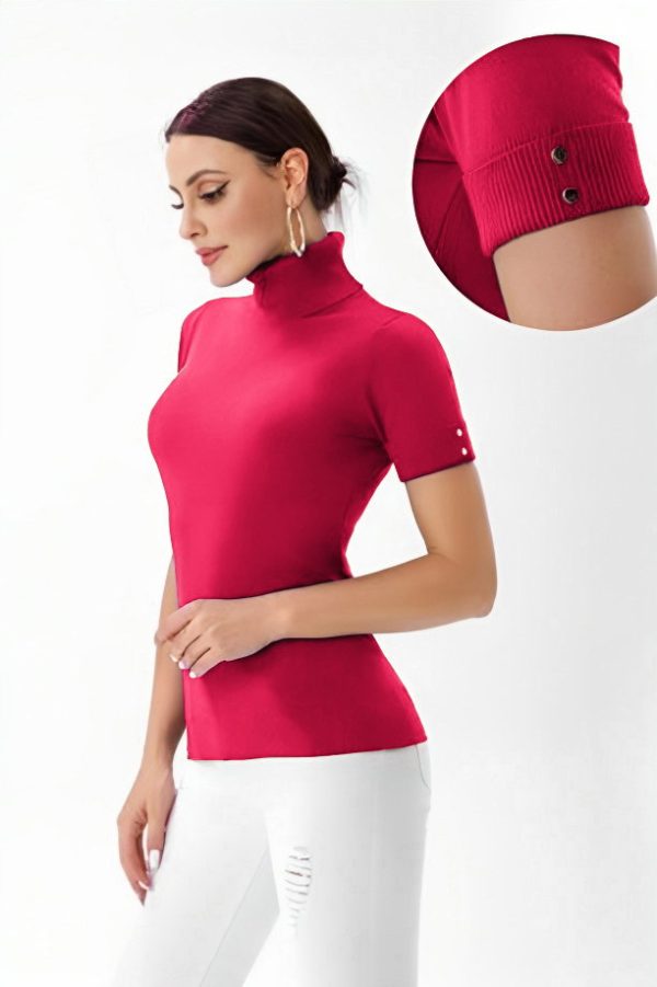 Helanca pulover cu maneca scurta, nasturei metalici si guler inalt, fucsia
