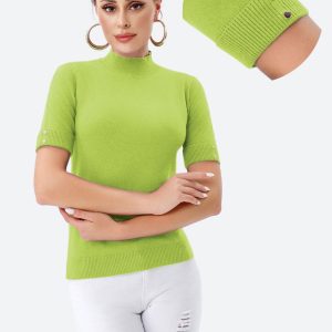Helanca pulover cu maneca scurta, nasturei metalici si guler scurt, verde oliv