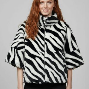 Jachetă din blana scurtă animal print alb negru, cu maneca 3 4, căptușeală și fermoar
