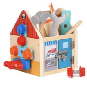 Joc Montessori Casuta cu suruburi si 25 accesorii pentru motricitate fina, din lemn