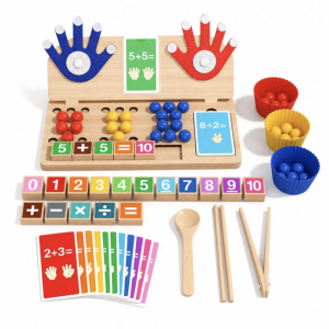 Joc Montessori din lemn 4 in 1 matematica, numarat pe degete, sortare culori si motricitate, +3 ani