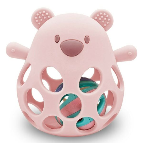 Jucarie de dentitie si zornaitoare, Bocioland, BPA Free, Teddy Bear Pink