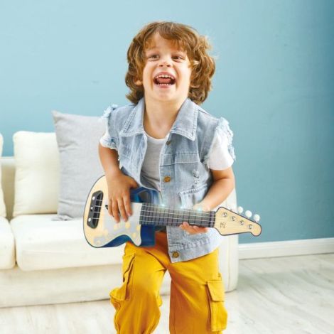 Jucarie din lemn - Instrument Ukulele (chitara) albastru - invata sa canti cu lumini