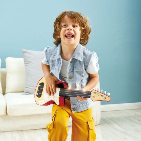Jucarie din lemn - Instrument Ukulele (chitara) rosu - invata sa canti cu lumini
