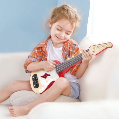 Jucarie din lemn - Instrument Ukulele (chitara) rosu - invata sa canti cu lumini