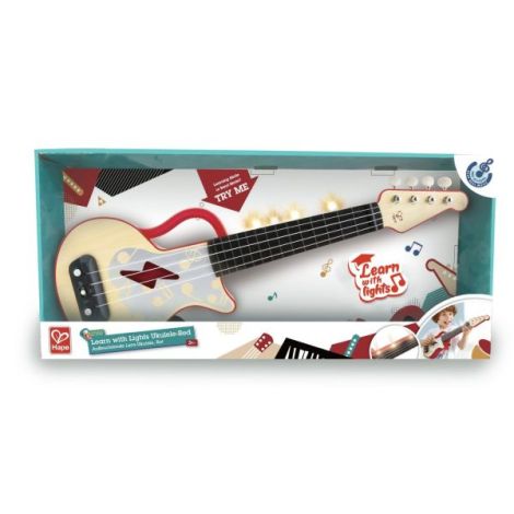 Jucarie din lemn - Instrument Ukulele (chitara) rosu - invata sa canti cu lumini
