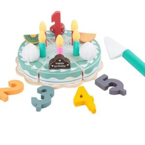 Jucarie lemn Tort aniversar Montessori, cu 24 accesorii, din lemn, verde
