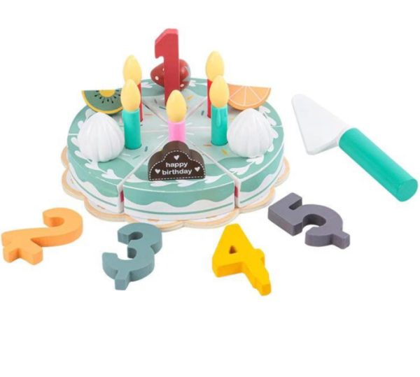 Jucarie lemn Tort aniversar Montessori, cu 24 accesorii, din lemn, verde