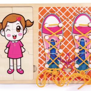 Jucarie Montessori 2 in 1, Puzzle fetita si Invata Sa Legi Sireturile, roz