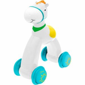 Jucarie push-go, Chicco, Cal, Cu roti, Design colorate si atragator, Emite sunete la utilizare, 12-36 luni, 18 x 11 x 26 cm, Alb