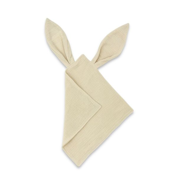 Jucarie textila senzoriala, Qmini, Cu urechi fosnitoare, 30 x 30 cm, Din muselina dubla, Warm Beige