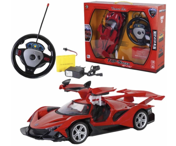 Masinuta de curse sport cu telecomanda tip volan, usi automate si acumulator, rosie, 35 cm, +6 ani