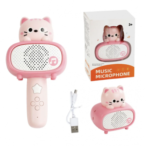 Microfon karaoke cu telecomanda, Bluetooth si incarcator cablu USB - Pisicuta roz
