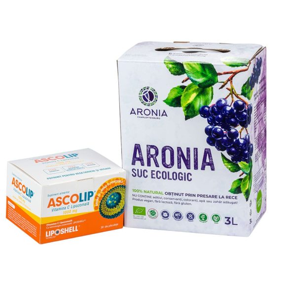 pachet-ascolip-aronia-portocale-b79.jpg Pachet Promoțional - Vitamina C Lipozomală 1000 mg LIPOSHELL® + Suc de Aronia 3L