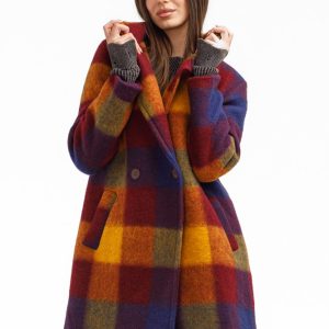 Palton dama carouri colorate cu lana ,   palton captusit elegant, galben, rosu, bordo si albastru