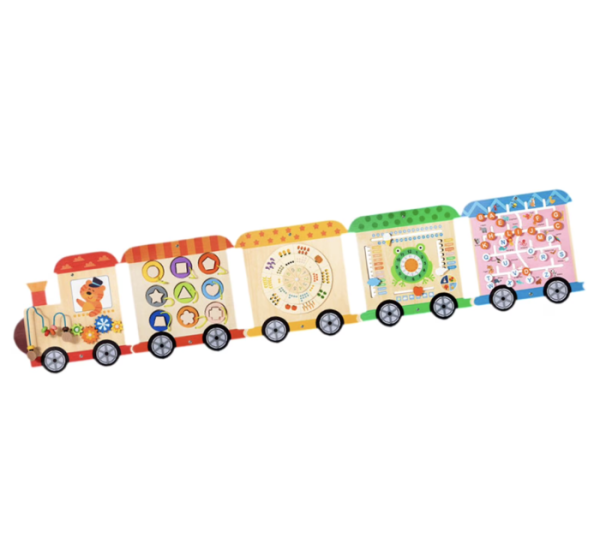 Panou senzorial educativ de perete, din lemn Trenulet Busy Board Montessori, 147 cm