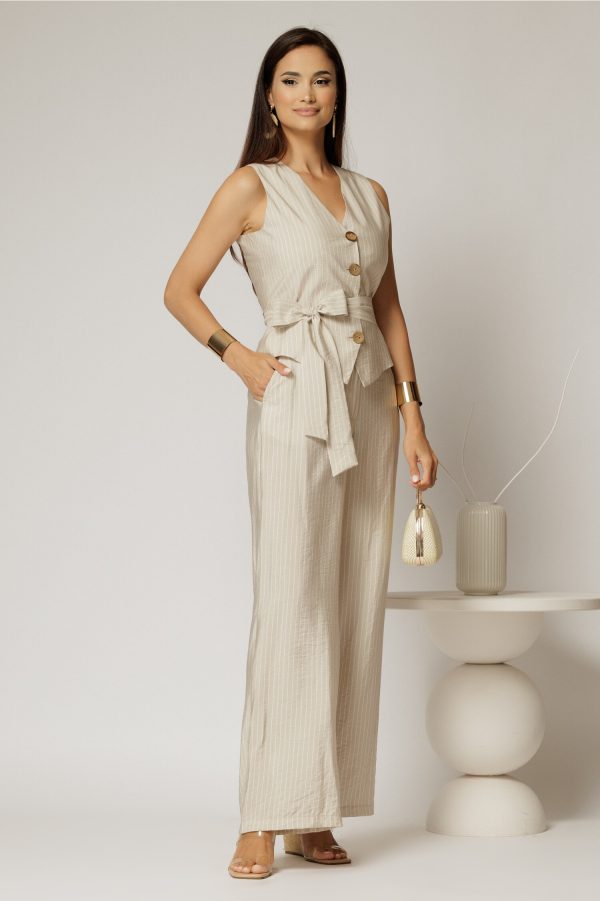 Pantaloni bej cu dungi din rayon cu croi lejer si cordon in talie
