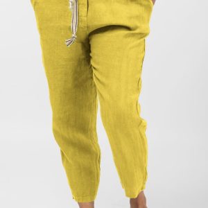 Pantaloni galben din in, pana, cu snur alb