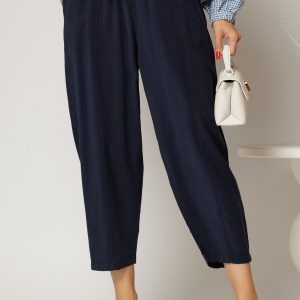 Pantaloni bleumarin de zi din tencel cu snur si elastic pe talie