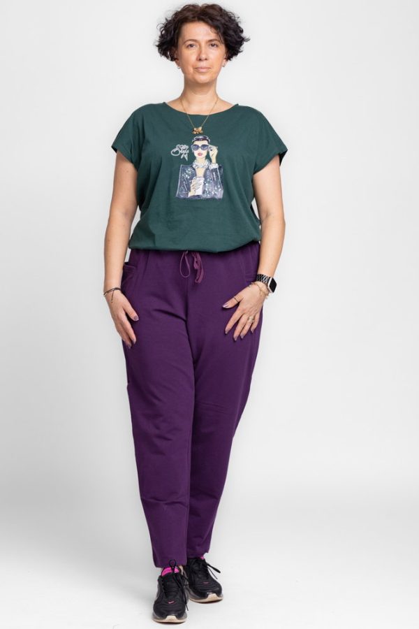 Pantaloni mov casual sport din bumbac cu buzunare laterale