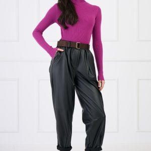 Pantaloni casual din piele ecologica negri cu buzunare si curea in talie