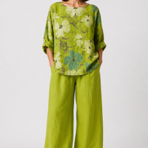 Pantaloni de vara, din in, croi balon, cu elastic la glezna, siret in talie, verde deschis