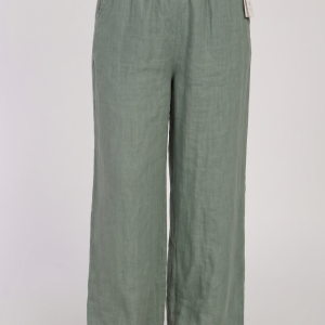 Pantaloni de vara din in, croi palazzo, cu curea in talie, kaki