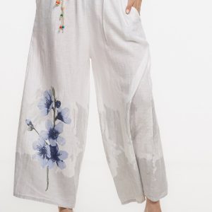 Pantaloni de vara largi din in alb cu imprimeu floral artistic