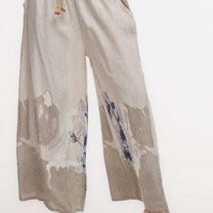 Pantaloni de vara largi din in bej cu imprimeu floral artistic