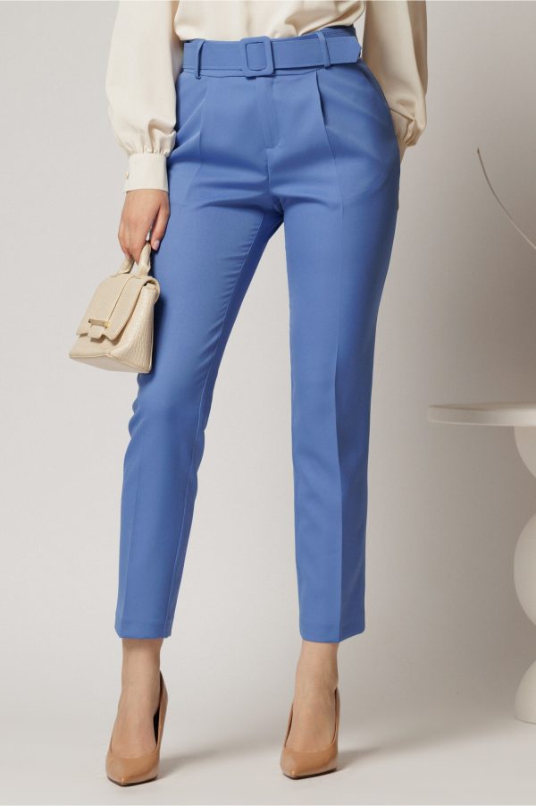 Pantaloni DY Fashion albastri cu croi conic si curea in talie