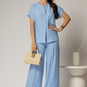 Pantaloni DY Fashion bleu cu croi lejer din material vaporos
