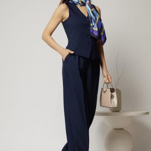 Pantaloni DY Fashion bleumarin cu pliu din talie si banda cu nasture imbracat