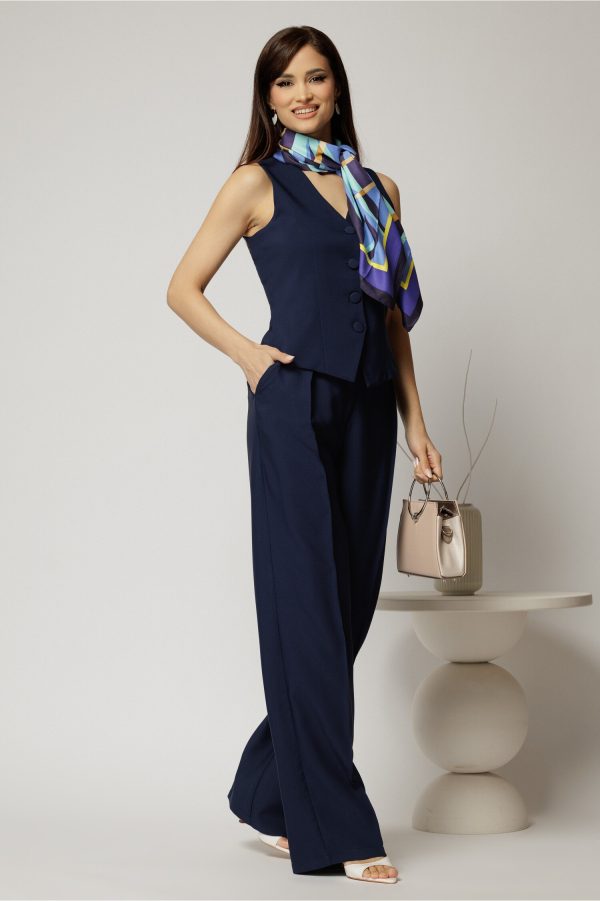 Pantaloni DY Fashion bleumarin cu pliu din talie si banda cu nasture imbracat
