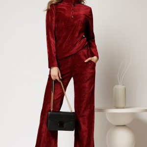 Pantaloni DY Fashion bordo din catifea velurata casual eleganti