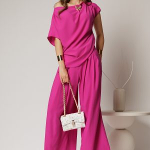Pantaloni fucsia din triplu voal cu pliuri si croi lejer