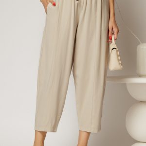 Pantaloni ivoire de zi din tencel cu snur si elastic pe talie