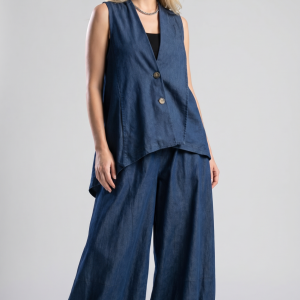 Vesta arhitecturala cu design asimetric, din denim subtire inchis