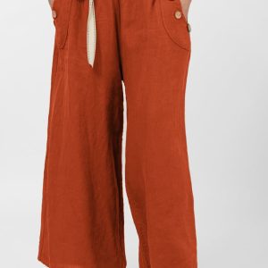 Pantaloni largi de vara, din in, cu nasturi din lemn la buzunare, caramiziu