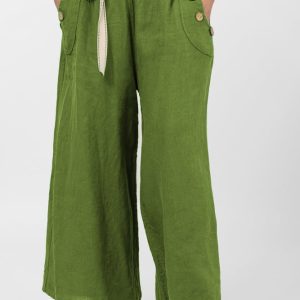 Pantaloni largi de vara, din in, cu nasturi din lemn la buzunare, verde oliv
